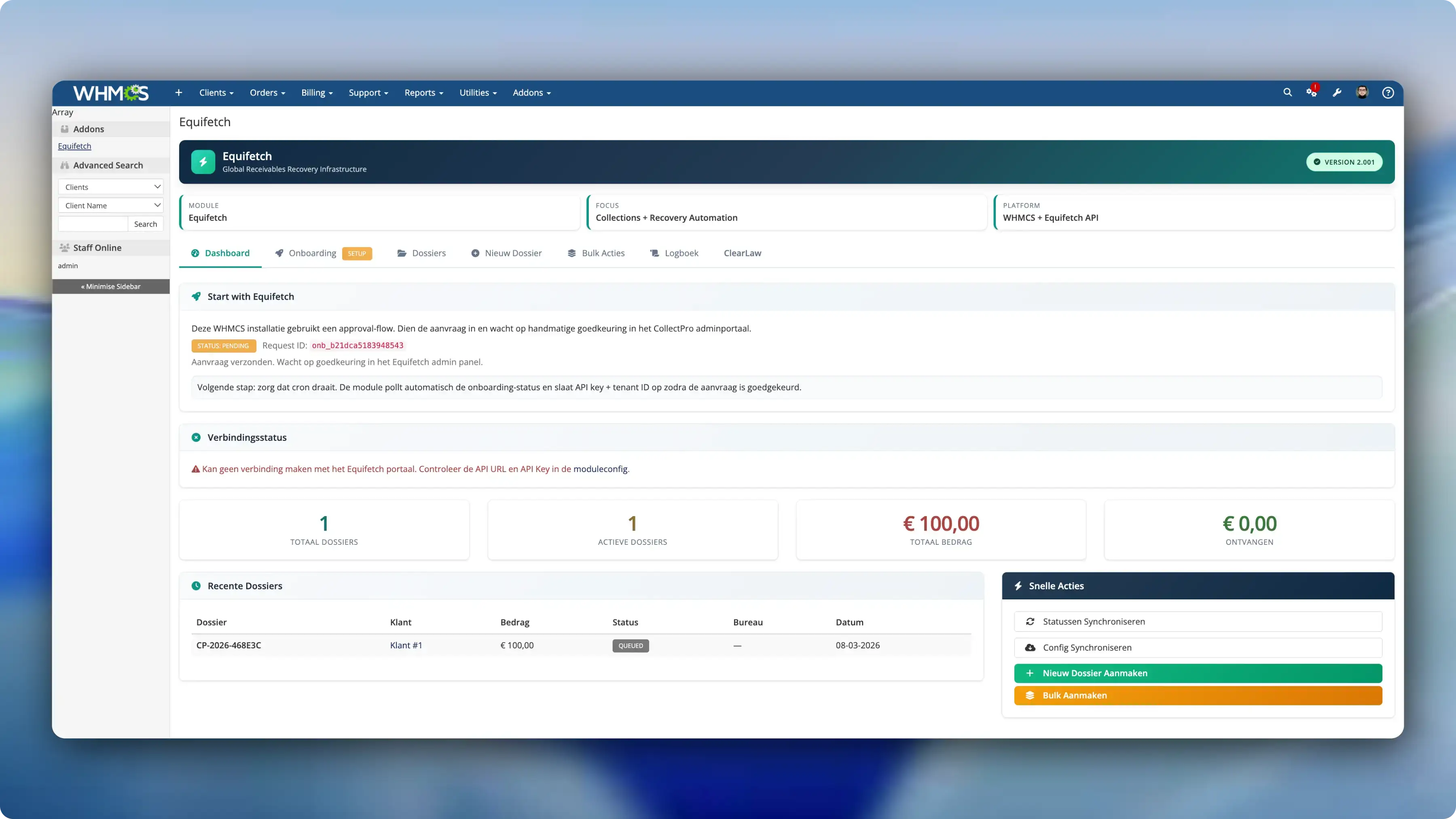 Screenshot van Equifetch WHMCS Incassubureau Module